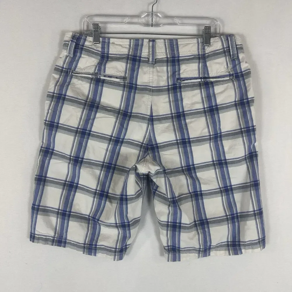 American Eagle Classic Longboard Shorts Mens 33 White Blue Plaid Flat Front AEO